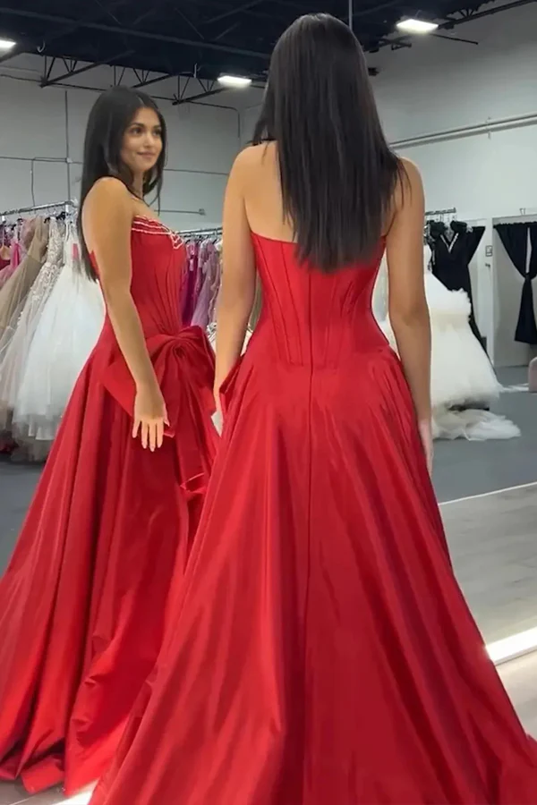Red A-Line Empire-Waist Satin Pleated High Slit Prom Dress with Bow