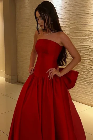 Red A-Line Strapless Pleated Empire-Waist Evening Prom Dress with Bow