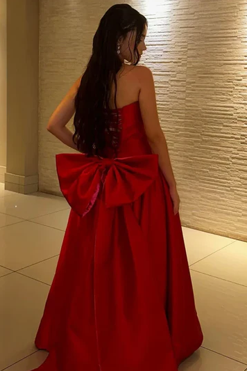 Red A-Line Strapless Pleated Empire-Waist Evening Prom Dress with Bow