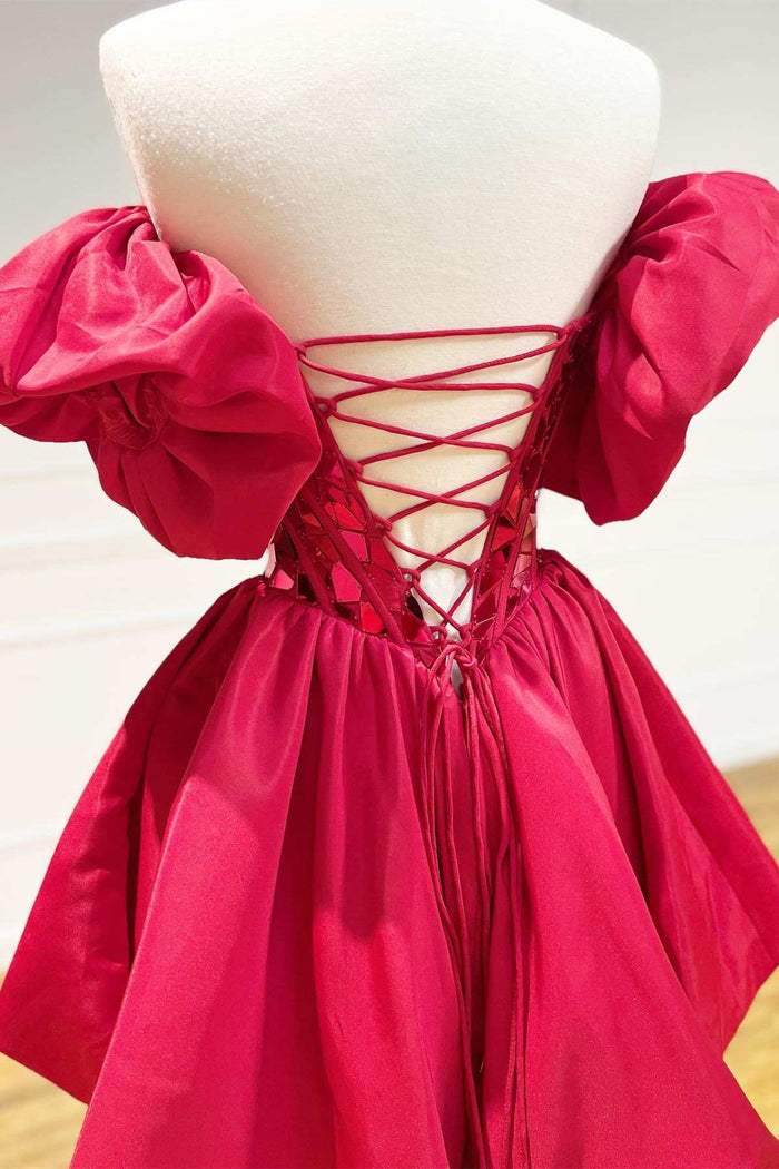 Red Cut Glass Mirror Strapless A-Line Homecoming Dress
