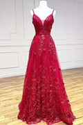 Red Floral Lace V-Neck Lace-Up A-Line Prom Dress