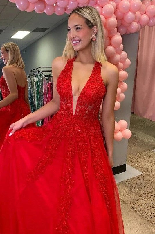 Red Halter A-Line V-Neck Lace Appliques Empire-Waist Prom Dress