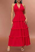 Red Halter High-Waist Ruffle Maxi Dress