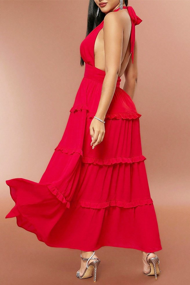 Red Halter High-Waist Ruffle Maxi Dress