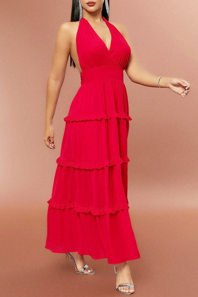 Red Halter High-Waist Ruffle Maxi Dress