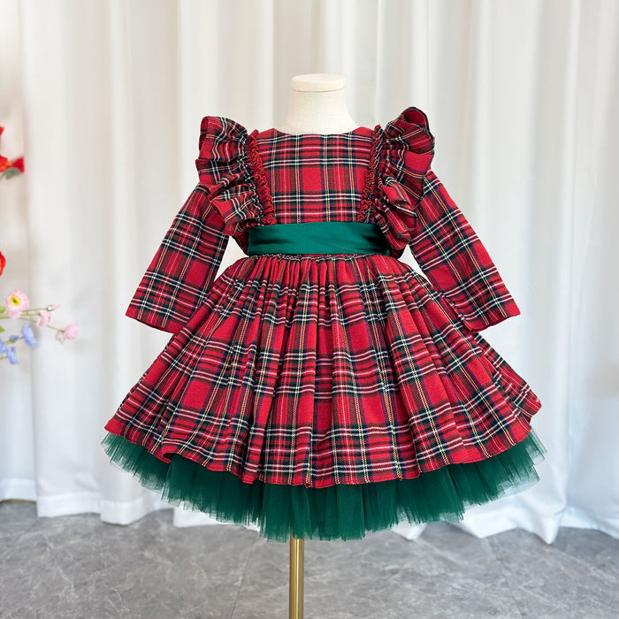 Red Long Sleeve Christmas Girl Dress Birthday Ball Gown J278