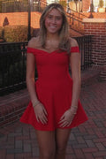 Red Off-Shoulder A-Line Satin Empire-Waist Short Homecoming Dress