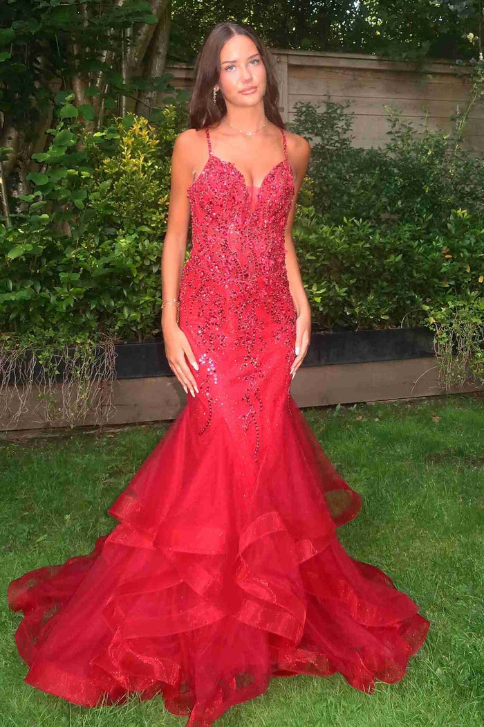 Red Spaghetti Straps V-Neck Appliques Ruffles Long Prom Dress