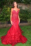 Red Spaghetti Straps V-Neck Appliques Ruffles Long Prom Dress