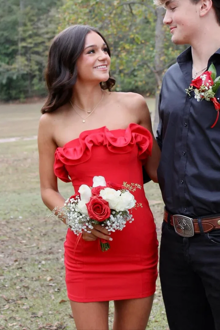 Red Strapless 3D Flower Satin Pleats Tight Mini Homecoming Dress