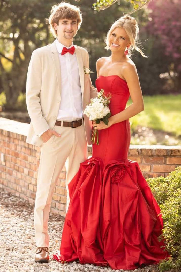 Red Strapless A-Line Ruched Flower Sleeveless Long Prom Dress
