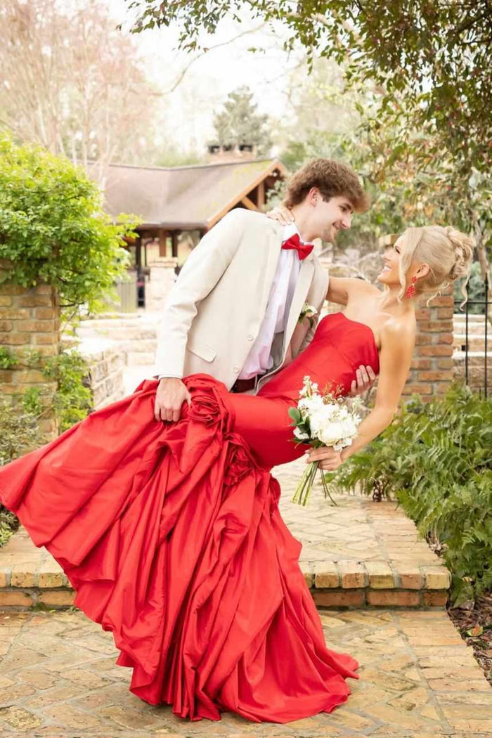 Red Strapless A-Line Ruched Flower Sleeveless Long Prom Dress