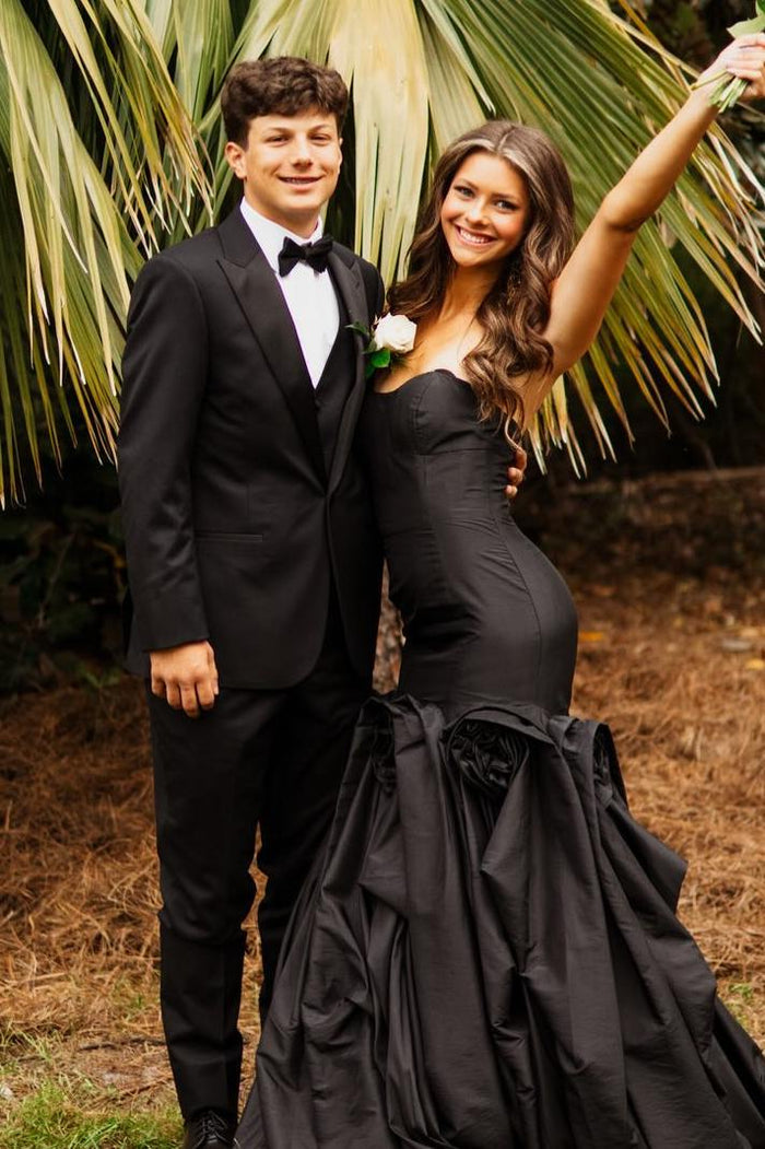 Red Strapless A-Line Ruched Flower Sleeveless Long Prom Dress