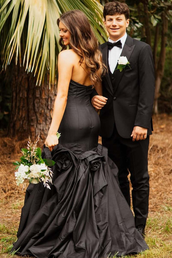 Red Strapless A-Line Ruched Flower Sleeveless Long Prom Dress