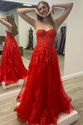 Red Strapless A-Line Sweetheart Appliques Empire-Waist Prom Dress