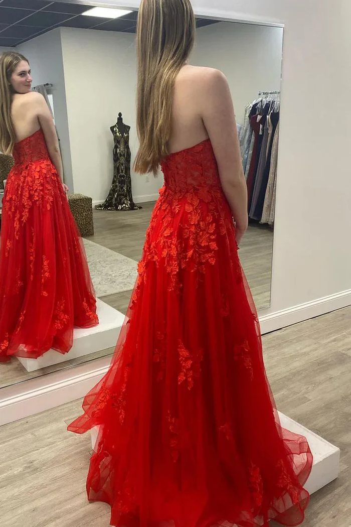 Red Strapless A-Line Sweetheart Appliques Empire-Waist Prom Dress