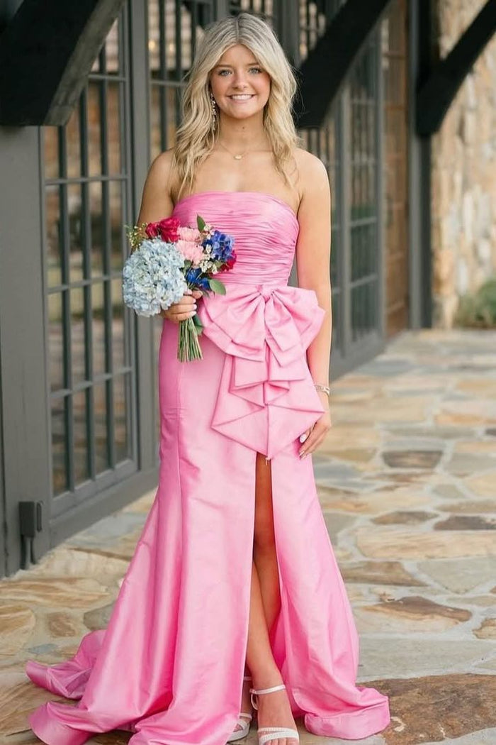 Red Strapless Mermaid Big Bow Satin Pleated Formal Prom Dress with Slit