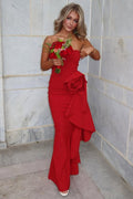 Red Strapless Ruched 3D Flower Satin Long Prom Dress