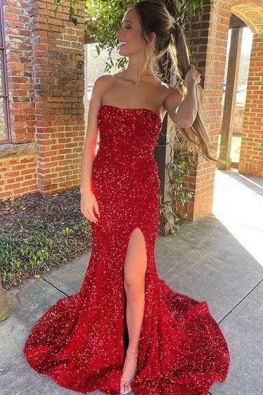 Red Strapless Sequined Mermaid Side Slit Long Prom Dress with Train