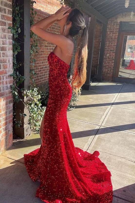Red Strapless Sequined Mermaid Side Slit Long Prom Dress with Train