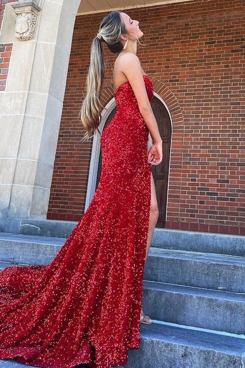 Red Strapless Sequined Mermaid Side Slit Long Prom Dress with Train