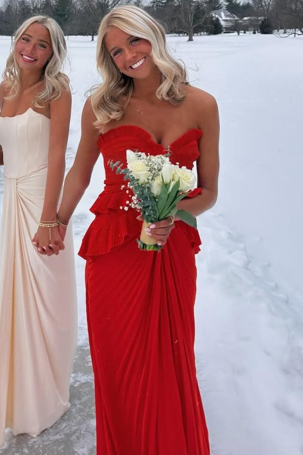 Red Strapless V-Neck Ruffles Sleeveless Pleated Long Prom Dress