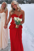 Red Strapless V-Neck Ruffles Sleeveless Pleated Long Prom Dress