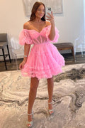 Red Sweetheart Puff Sleeve A-Line Short Party Dress with Ruffles