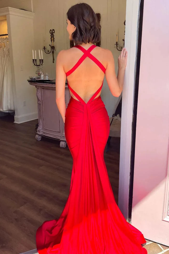 Red V-Neck Satin Mermaid Sleeveless Pleated Long Formal Prom Dress
