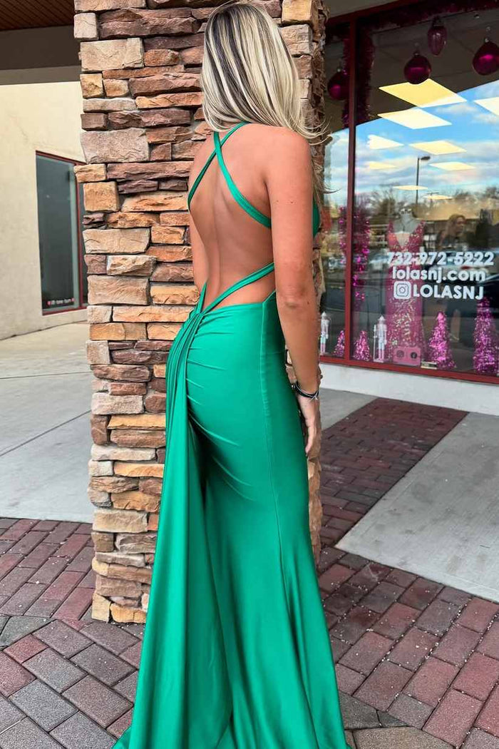 Red V-Neck Satin Mermaid Sleeveless Pleated Long Formal Prom Dress