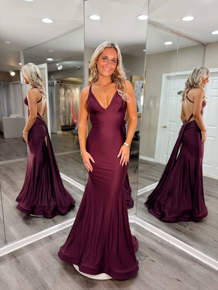 Red V-Neck Satin Mermaid Sleeveless Pleated Long Formal Prom Dress