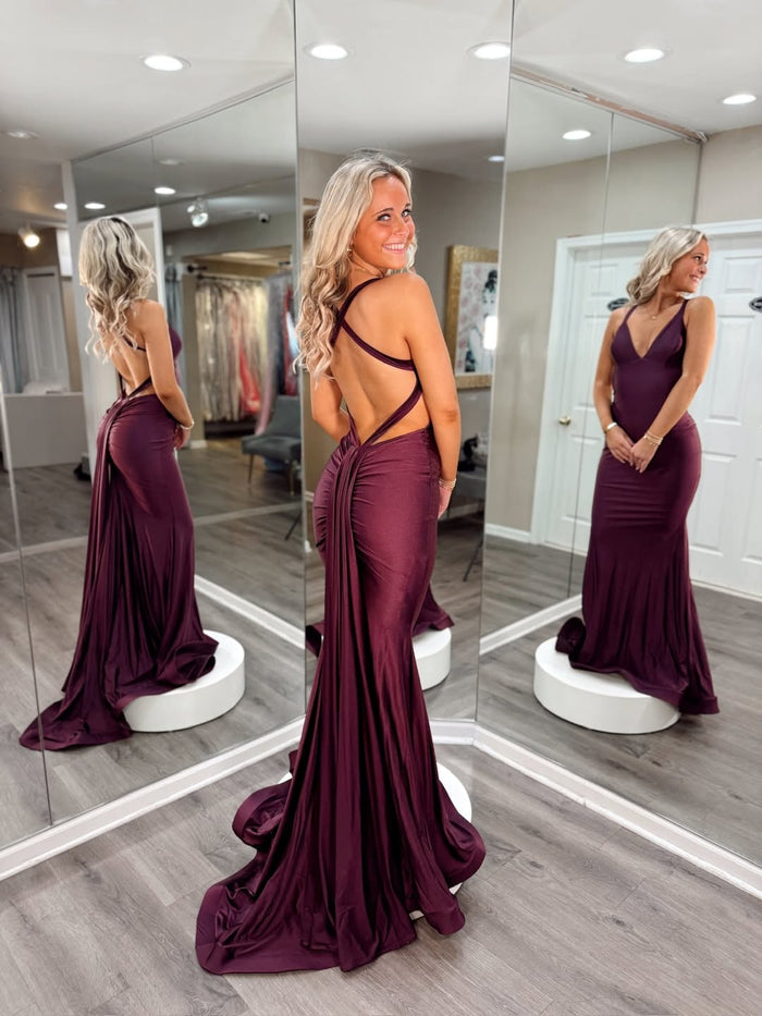 Red V-Neck Satin Mermaid Sleeveless Pleated Long Formal Prom Dress