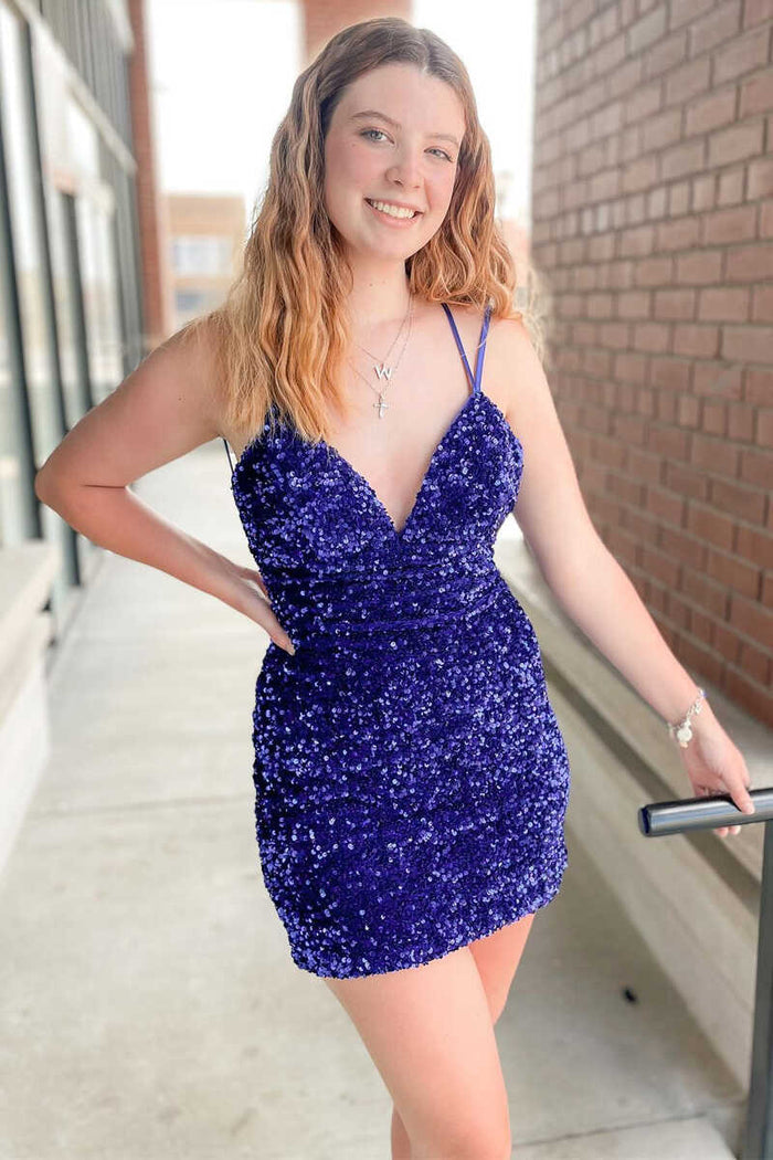 Regency Sequin V-Neck Lace-Up Mini Homecoming Dress