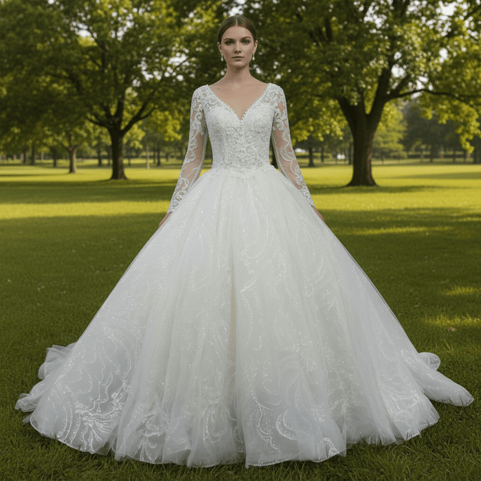 Romantic Ball Gown Wedding Dress with Sheer Long Sleeves - Rosymae