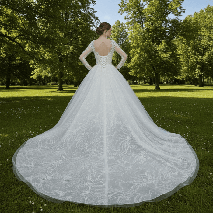 Romantic Ball Gown Wedding Dress with Sheer Long Sleeves - Rosymae