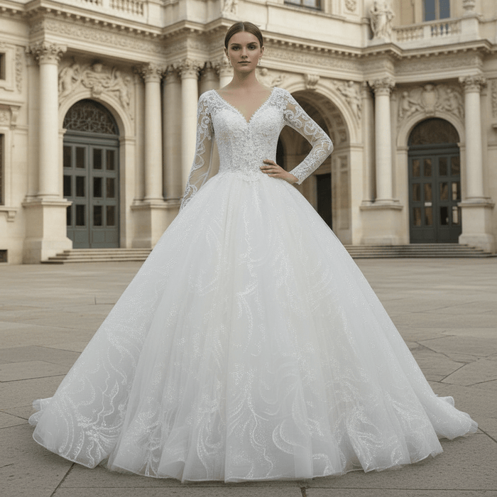 Romantic Ball Gown Wedding Dress with Sheer Long Sleeves - Rosymae