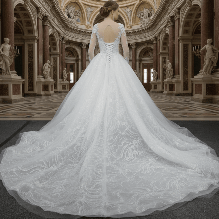 Romantic Ball Gown Wedding Dress with Sheer Long Sleeves - Rosymae