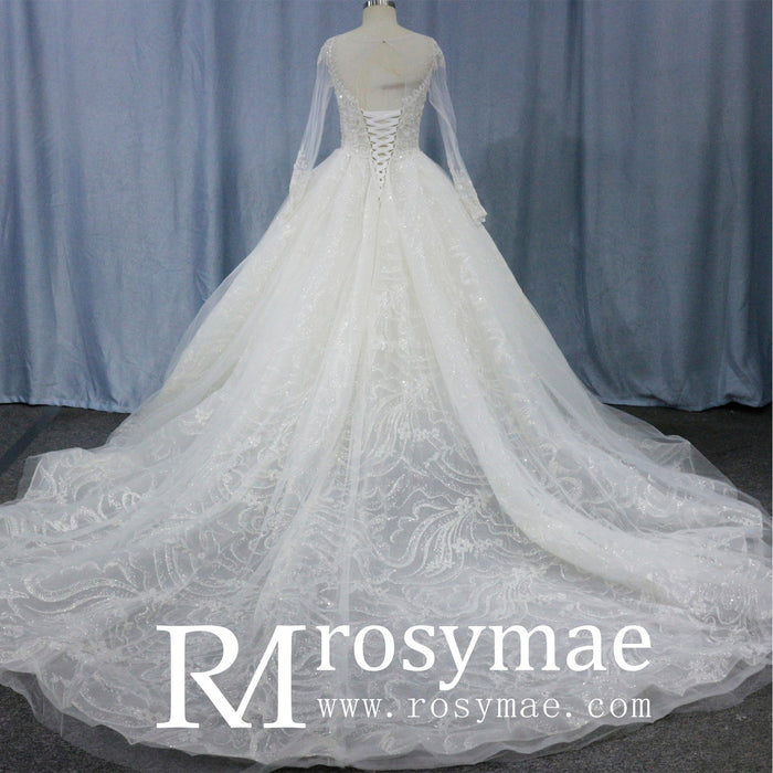 Romantic Ball Gown Wedding Dress with Sheer Long Sleeves - Rosymae