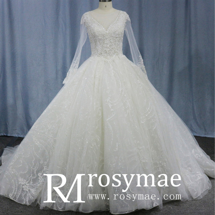Romantic Ball Gown Wedding Dress with Sheer Long Sleeves - Rosymae