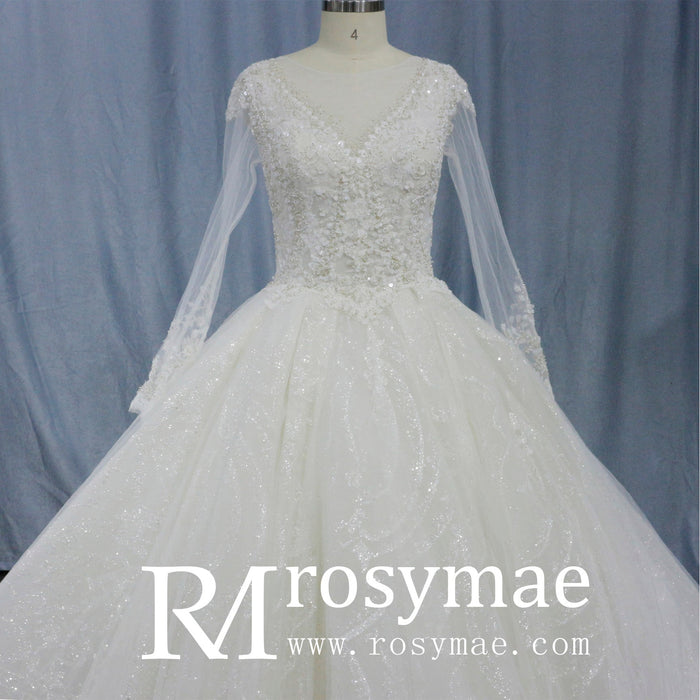 Romantic Ball Gown Wedding Dress with Sheer Long Sleeves - Rosymae