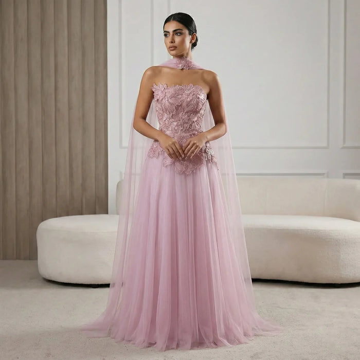 Romantic Pink Strapless Evening Dress with 3D Floral Bodice and Scarf SS239-DreamyVow