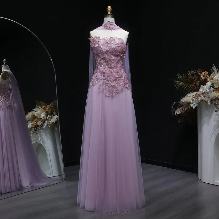 Romantic Pink Strapless Evening Dress with 3D Floral Bodice and Scarf SS239-DreamyVow