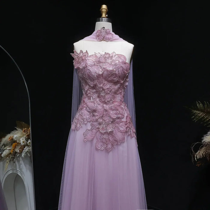 Romantic Pink Strapless Evening Dress with 3D Floral Bodice and Scarf SS239-DreamyVow