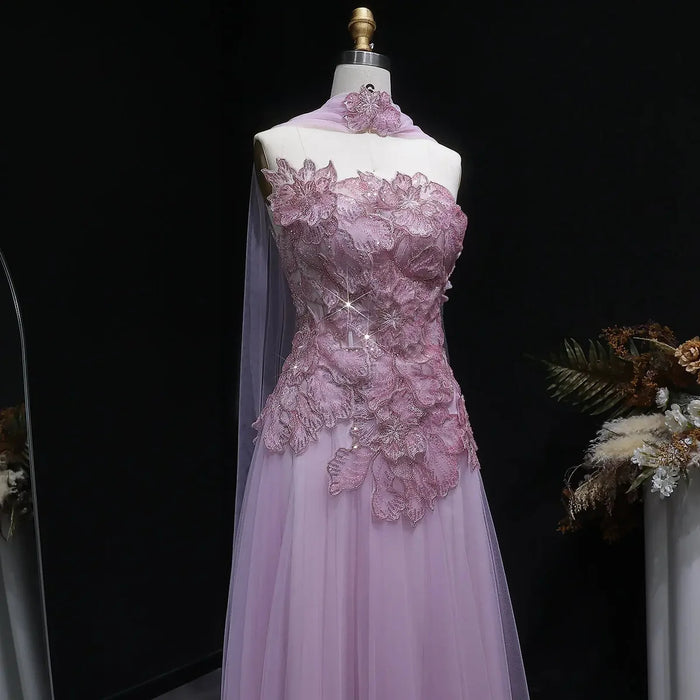 Romantic Pink Strapless Evening Dress with 3D Floral Bodice and Scarf SS239-DreamyVow