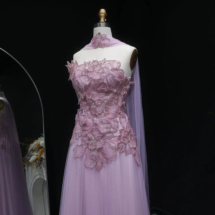Romantic Pink Strapless Evening Dress with 3D Floral Bodice and Scarf SS239-DreamyVow