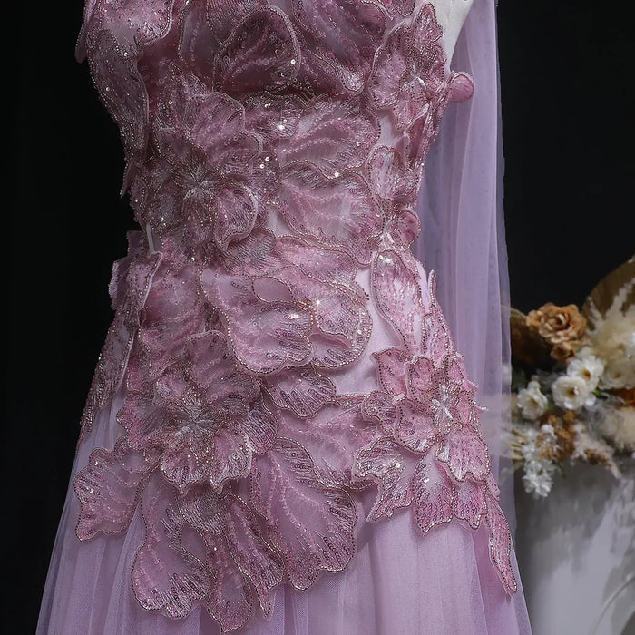 Romantic Pink Strapless Evening Dress with 3D Floral Bodice and Scarf SS239-DreamyVow