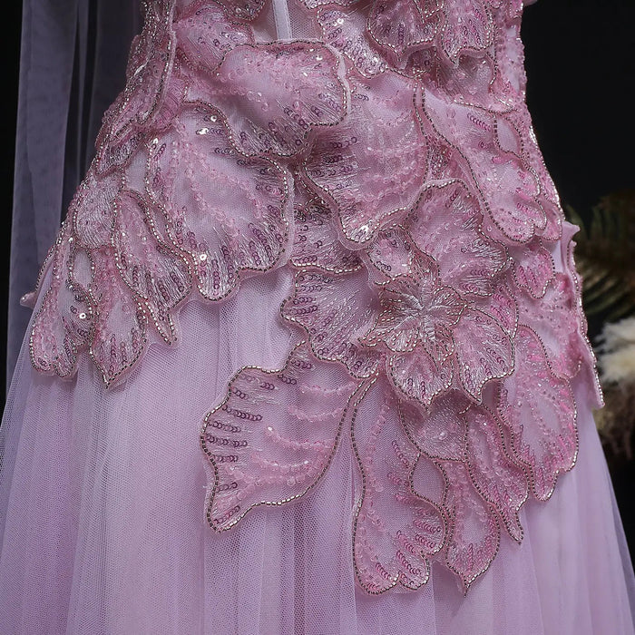 Romantic Pink Strapless Evening Dress with 3D Floral Bodice and Scarf SS239-DreamyVow