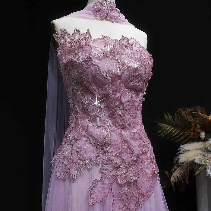 Romantic Pink Strapless Evening Dress with 3D Floral Bodice and Scarf SS239-DreamyVow