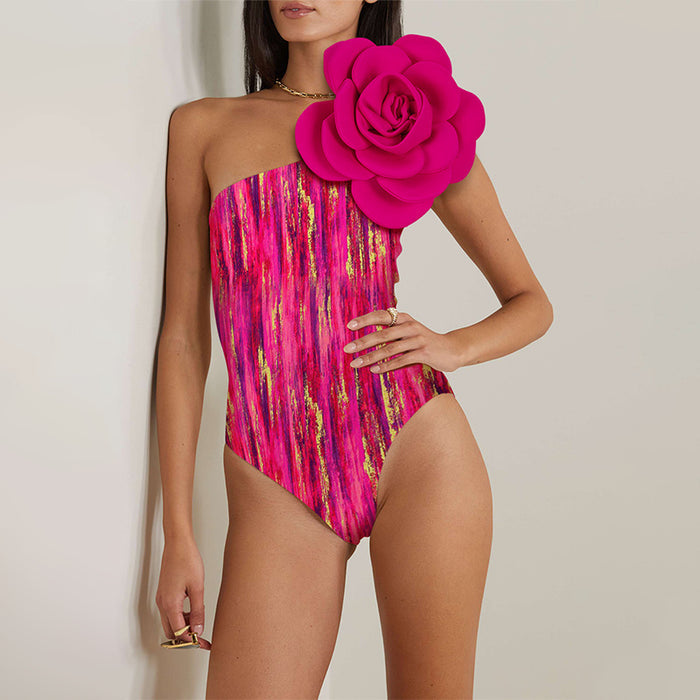 Rose Flame One-Shoulder Swimsuit  - Rose Red
