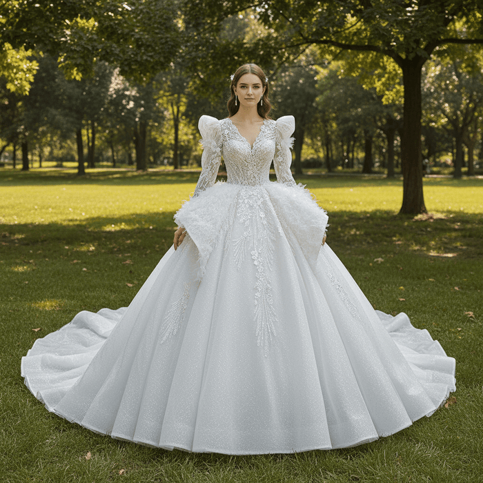 Royal and Luxurious Bridal Ball Gown Wedding Dress with Long Sleeve - Rosymae